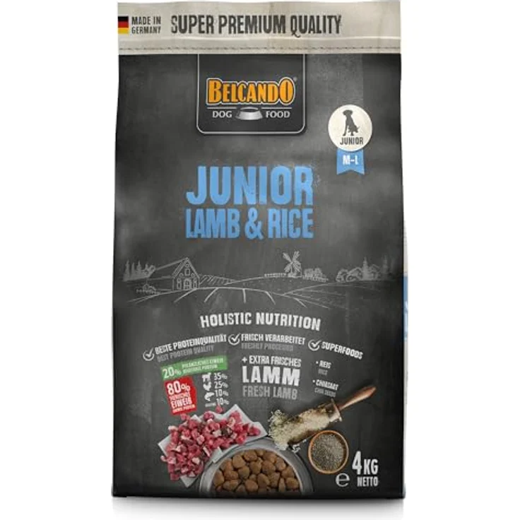 Belcando Junior Lamb & Rice, 4 kg Trockenfutter für Junghunde, Alleinfuttermittel ab 4 Monaten, unterstützt die Verdauung, mit 30% frischem Lamm – Bild 1