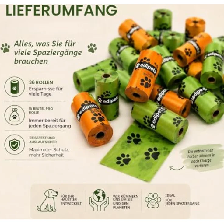 Edipets Hundekotbeutel biologisch abbaubar, 36 Rollen mit 540 Einheiten, extra dick und auslaufsicher, 23x33 cm, nicht parfümiert – Bild 3