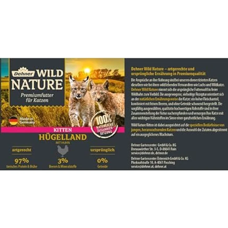 Dehner Wild Nature Katzenfutter Kitten Hügelland, Nassfutter getreidefrei / zuckerfrei, für junge Katzen, Huhn, 6 x 200 g Dose (1.2 kg) – Bild 2