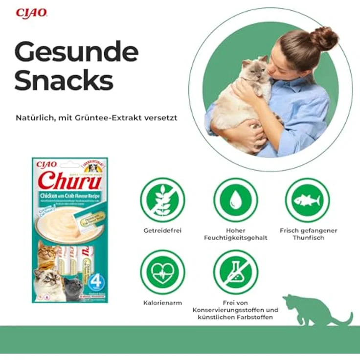 INABA Churu Puree Katzenleckerlis, Cremiger Snack mit Huhn & Krabben, 56 g – Getreidefrei & ohne Konservierungsstoffe, Premium Qualität – Bild 2