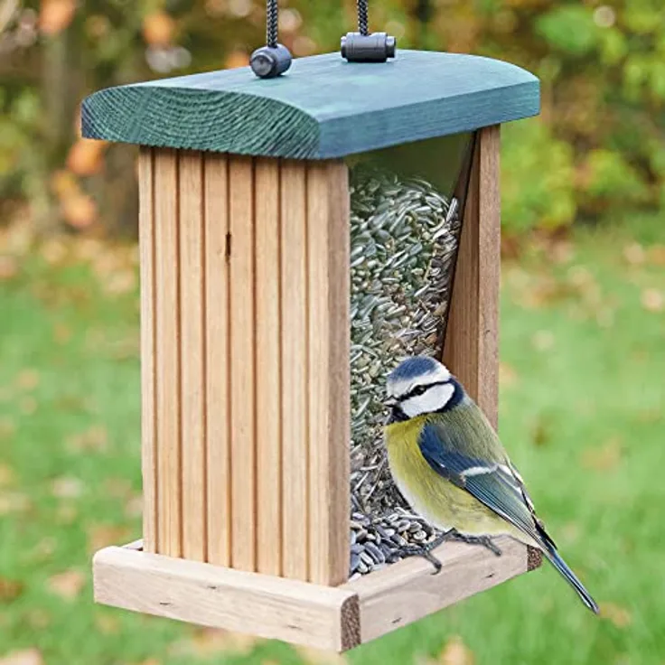 zooprinz Vogelhaus Futterspender, Design aus Vollholz, witterungsbeständig, mit stabilem Sitzrand, 21 cm hoch, inkl. Aufhängeseil