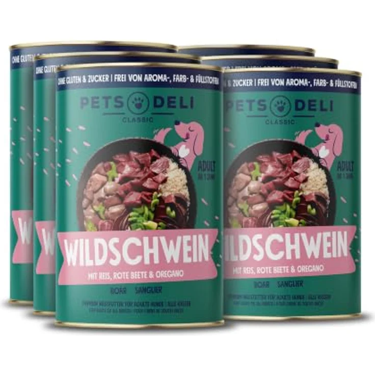 Pets Deli Classic Nassfutter für Hunde mit Wildschwein & Reis, 50% Fleischanteil, 6x800g – Bild 1