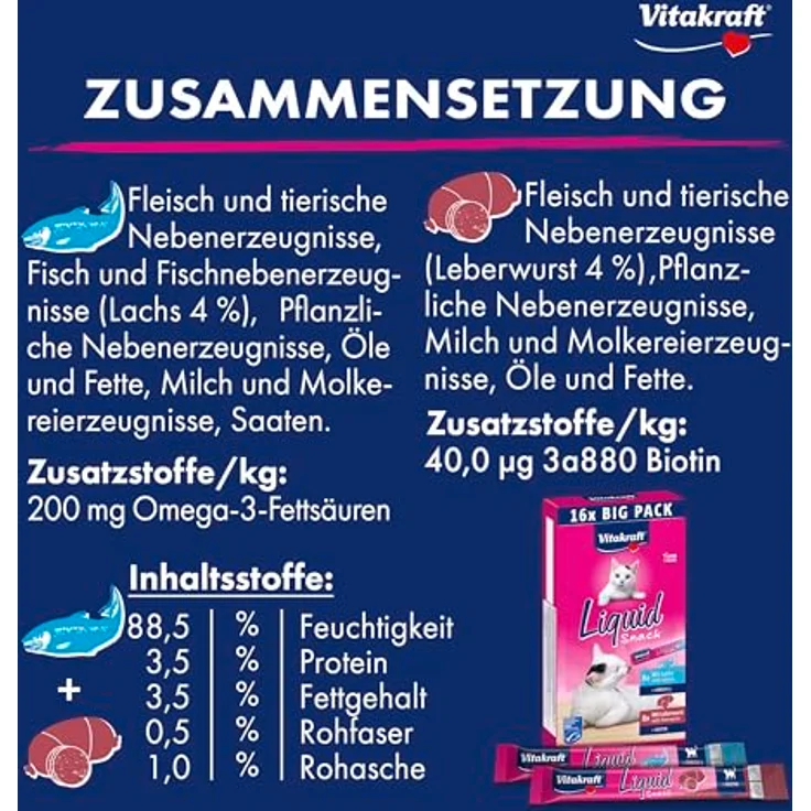Vitakraft Liquid Snack, Katzen Leckerli cremig mit Leberwurst und Biotin, mit Lachs und Omega 3, Vorratspack (16x 15g) – Bild 3