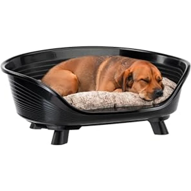 Ferplast Throne Hundebett & Katzenbett, erhöhtes Design mit Baumwollkissen, waschbar, atmungsaktiv und rutschfest, 70,5 x 52 x 28,5 cm, Schwarz – Bild 1