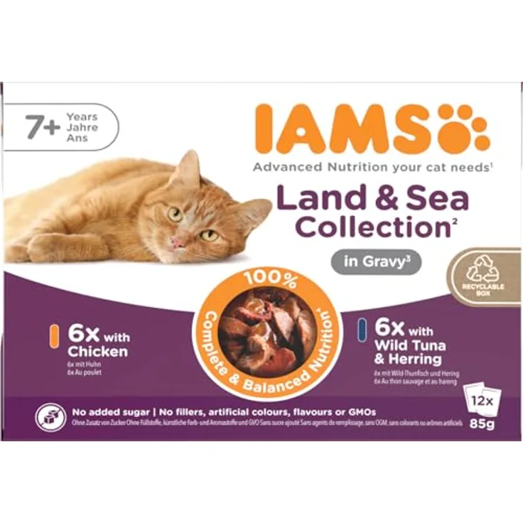 IAMS Delights Senior Katzenfutter Nass, Multipack mit Huhn und Fisch in Sauce, 12 x 85 g für ältere Katzen ab 7 Jahre, ohne künstliche Zusatzstoffe