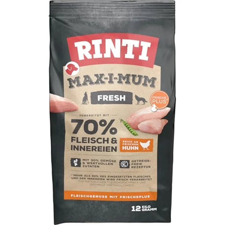 Rinti MAX-I-MUM Huhn, getreidefreies Hundefutter mit 65% frischem Fleisch und 30% Gemüse, 12 kg