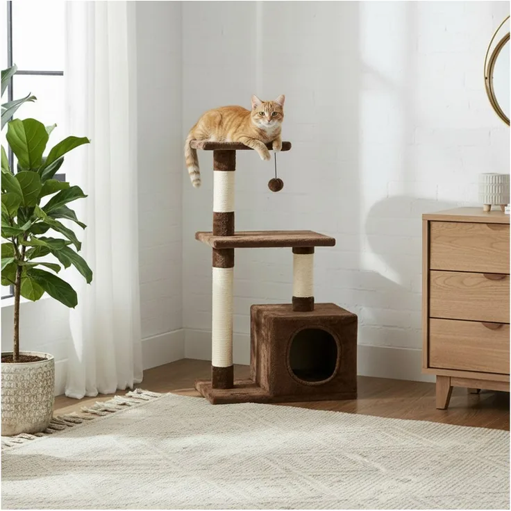 belviona Kratzbaum 85 cm, platzsparend mit Wandhalterung, braun, Sisal für Krallenpflege, Spielball und Kuschelhöhle