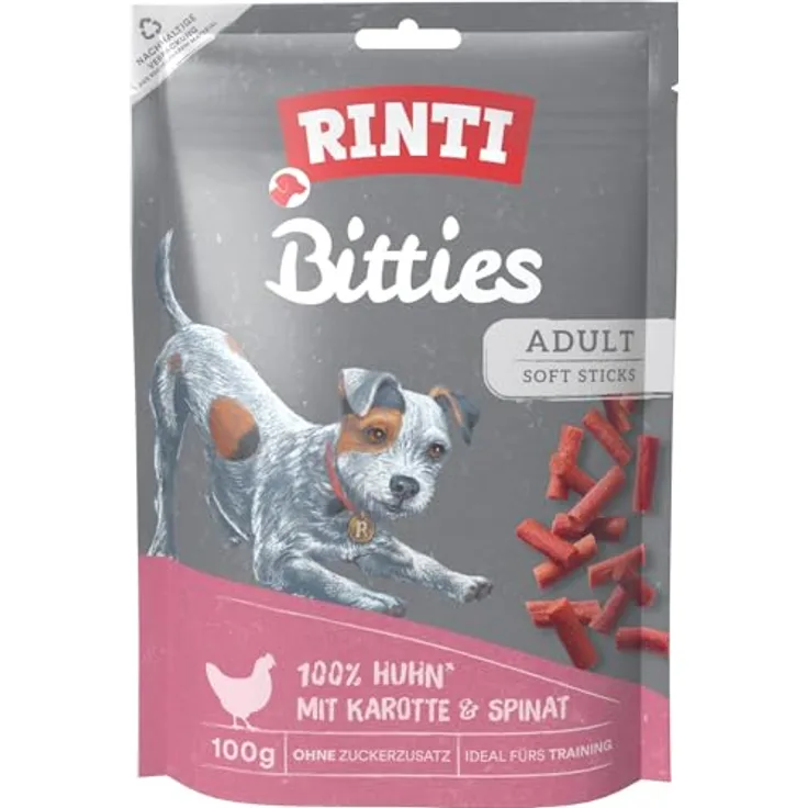 RINTI Bitties Huhn mit Karotte & Spinat, Trainingsleckerli für Hunde, 12x100g, soft im Biss, ohne Zucker, wenig Fett, ohne Fleischmehle