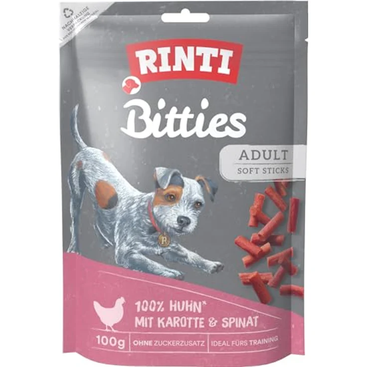 RINTI Bitties Huhn mit Karotte & Spinat, Trainingsleckerli für Hunde, 12x100g, soft im Biss, ohne Zucker, wenig Fett, ohne Fleischmehle