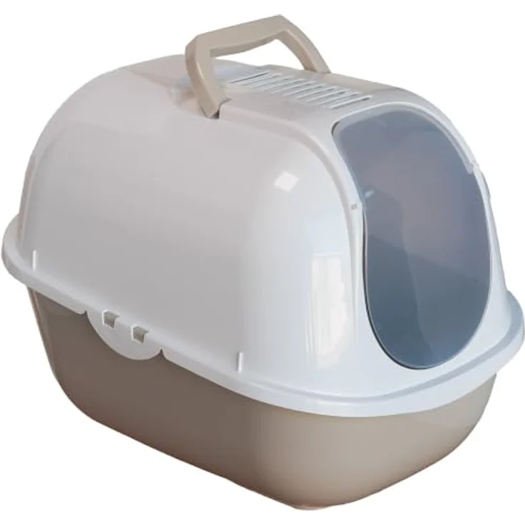 adena Katzentoilette Sondermodell 50, Katzenklo mit Haube in Hochglanz Weiß und graubeige, inkl. Schaufel, Filter und erhöhtem Eingang – Bild 3