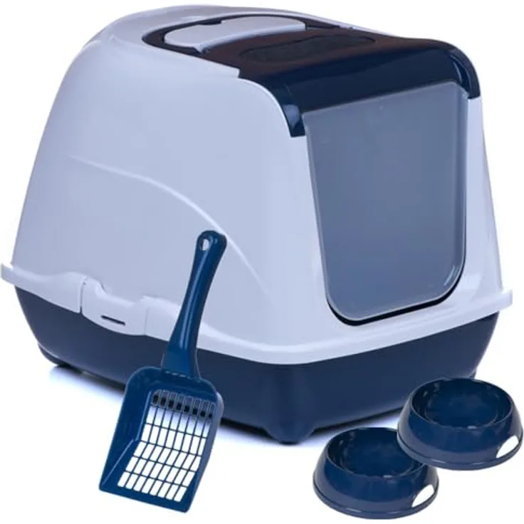 adena Katzentoilette Sondermodell 50, Katzenklo mit Schaufel, Aktivkohlefilter und hochglänzender Haube, blau