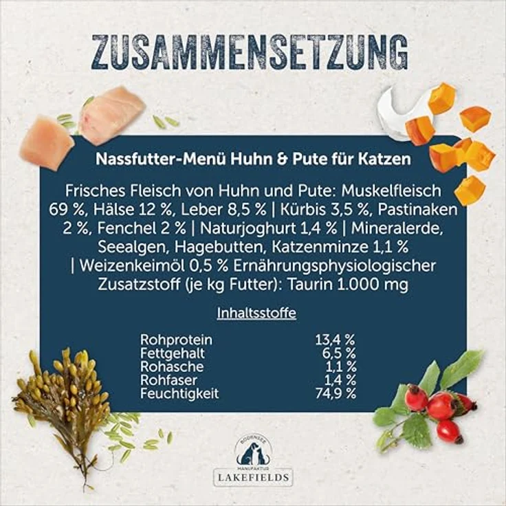 Lakefields Premium Nassfutter für Katzen, Huhn & Pute 90%, ohne Zucker und Getreide, 6 x 200g, mit Katzenminze, Kürbis & Pastinaken – Bild 4