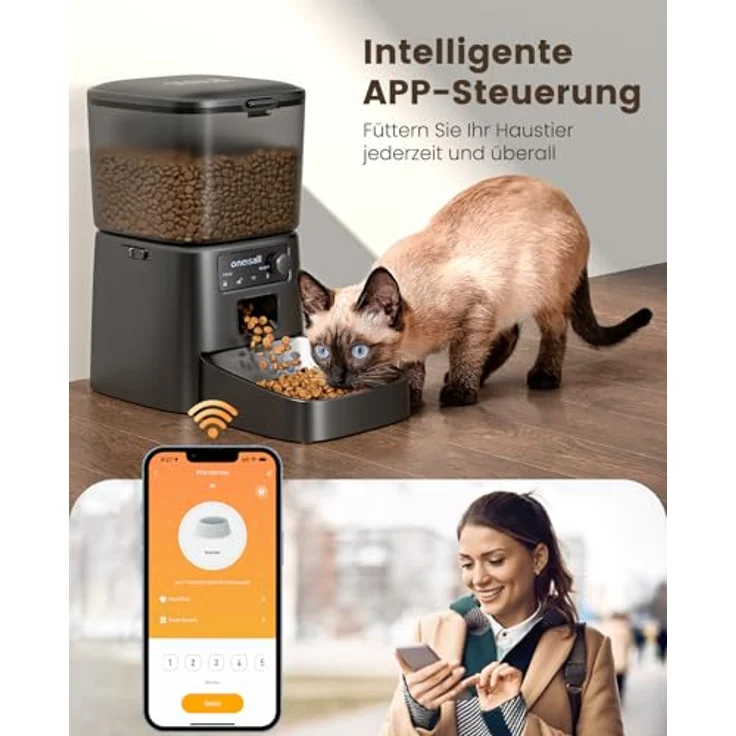 oneisall 3.5L Futterautomat Katze, WiFi Futterspender mit APP-Steuerung, 1-12 Mahlzeiten pro Tag, Edelstahlnapf, schwarz – Bild 2