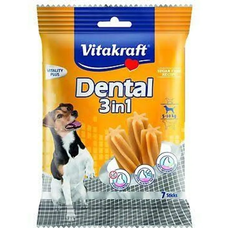 Vitakraft Dental 3in1, Zahnpflege-Snack für Hunde von 5-10 kg, zuckerfrei, 12 Packungen mit je 7 Sticks