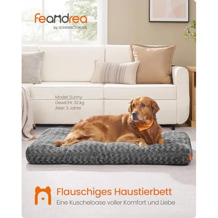 Feandrea Hundebett, 122 x 74 cm, weiche Polsterung, waschbar, rutschfest, graues Rosendesign – Bild 2