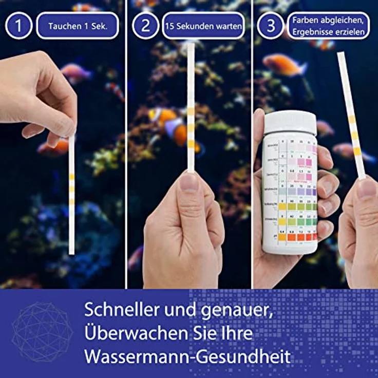 Cozii 7 in 1 Aquarium Teststreifen, 100 Teststreifen zur Wasserprüfung von pH, Nitrit, Nitrat, Gesamthärte, freiem Chlor, Gesamtalkalität und Karbonat für Salzwasser und Süßwasser Aquarien – Bild 4