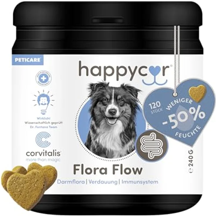 happycor® Flora Flow Darm-Kur für Hunde, 120 Funktionssnacks mit Ballaststoff-Komplex, Curcumin & Beta-Glucan, gegen Blähungen & für festen Kot, 240g