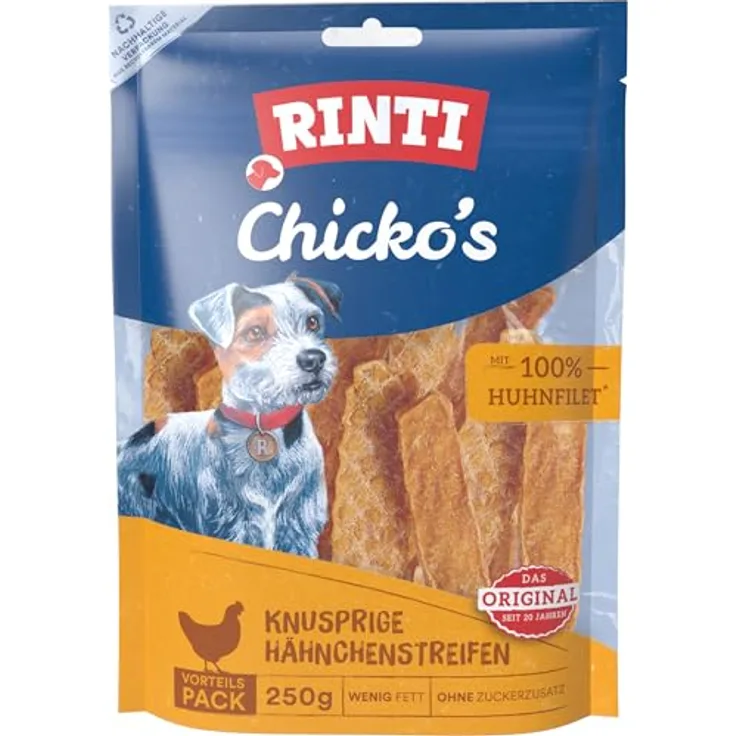 RINTI Chicko, Hühnerstreifen aus 100% Hühnerbrustfilet, leicht verdaulicher, fettarmer und zuckerfreier Hundesnack ohne Zusatzstoffe, 9x250g Huhn im Frischebeutel