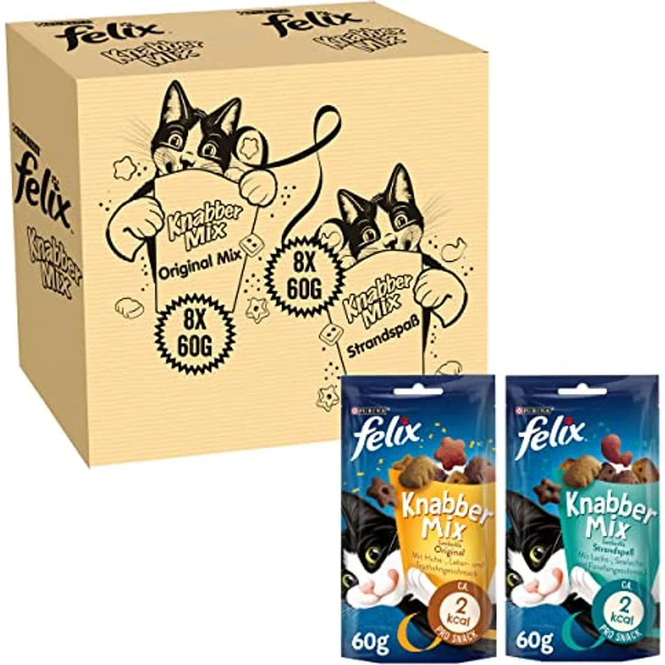 FELIX Knabber Mix Original & Strandspaß, Katzensnack Mixtray mit Huhn-, Lachs- und Truthahngeschmack, 2x(8x60g) – Bild 1
