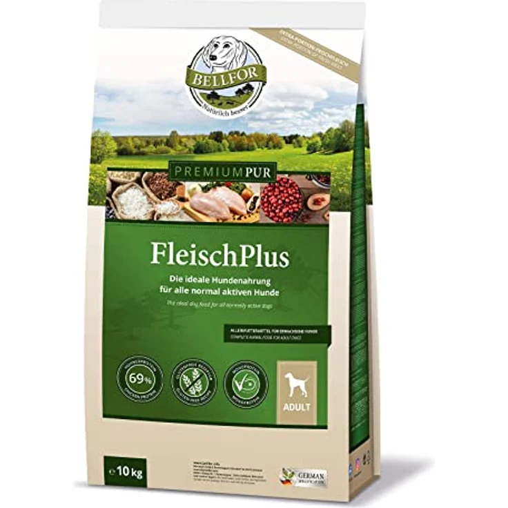 Bellfor Premium PUR FleischPlus, Glutefreies Hundefutter mit 61% Fleischanteil, 10 kg, für normal aktive Hunde – Bild 1