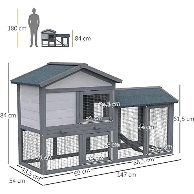 PawHut Kleintierstall Kaninchenhaus, wetterfestes Dach, leicht zu reinigen, grau & weiß – Bild 7