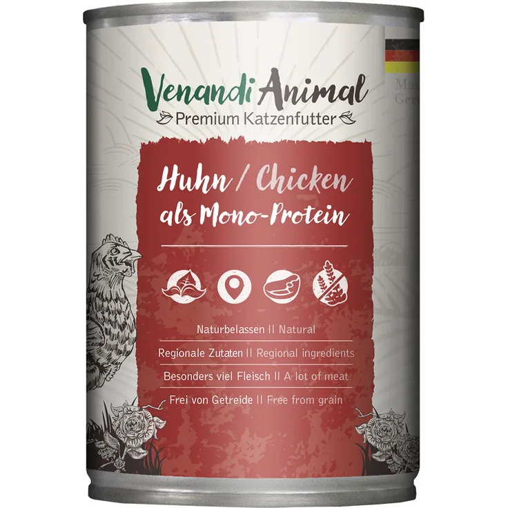 Venandi Animal Monoprotein 6 x 400 g Huhn, hochwertiges Katzen-Nassfutter für empfindliche Mägen, ohne Getreide und Zuckerzusatz