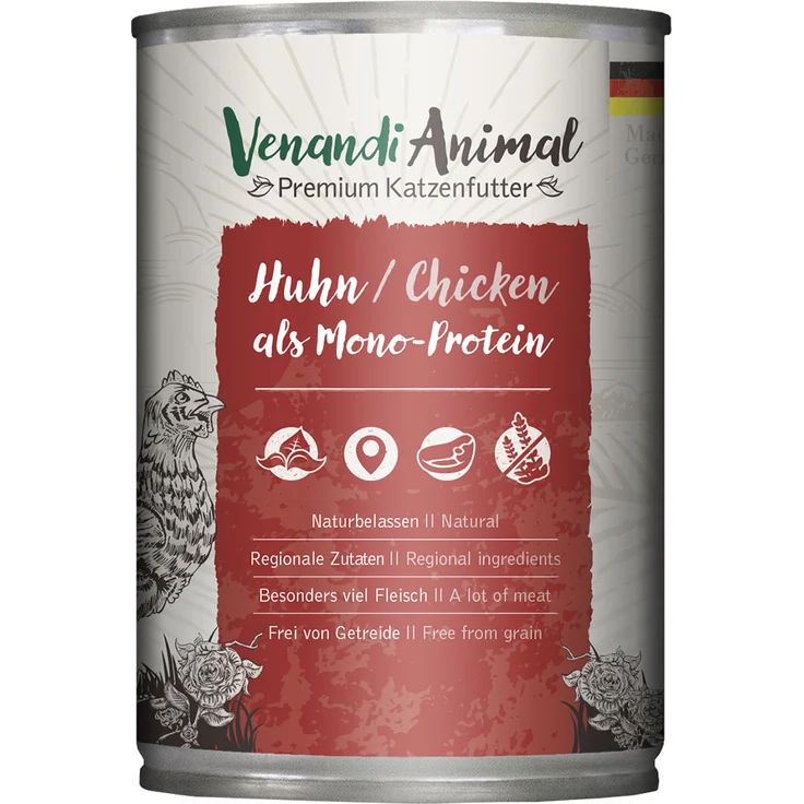 Venandi Animal Monoprotein 6 x 400 g Huhn, hochwertiges Katzen-Nassfutter für empfindliche Mägen, ohne Getreide und Zuckerzusatz