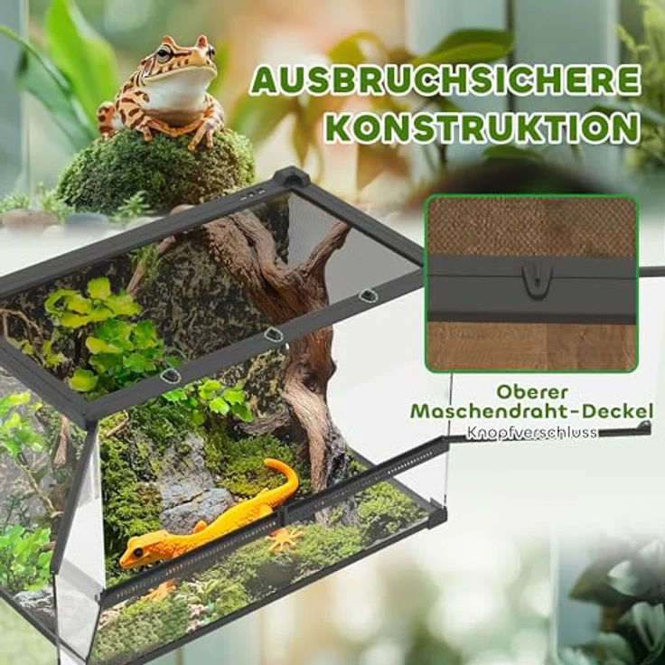 PawHut Terrarium für Reptilien, Glasterrarium 48L mit Frontbelüftung, Steinrückwand, ausbruchsicherem Drehverschluss, für Amphibien und Spinnen, Schwarz, 50 x 30 x 35 cm – Bild 5