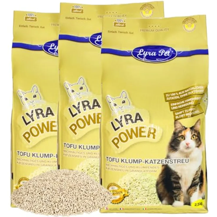 Lyra Pet® Tofu Katzenstreu, 7,5 kg, parfümfrei, klumpend, 300% Saugkraft, staubfrei, umweltfreundlich aus Erbsenprotein, ideal für empfindliche Katzen – Bild 1