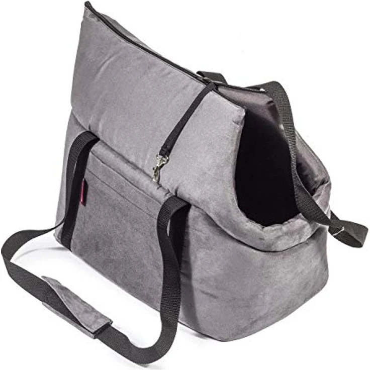 BOUTIQUE ZOO Hundetasche, Welpentasche grau (Kunstleder/Wildlederimitat), für kleine Hunde und Katzen bis 3 kg, mit abnehmbarer Holzeinlage und Metallhalsband – Bild 3