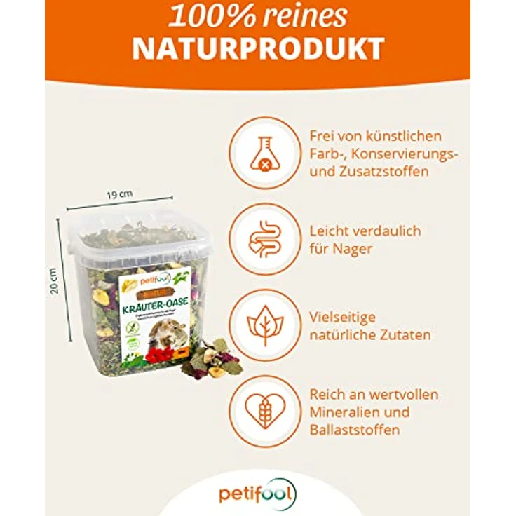 petifool Kräuter Oase 370g, Ergänzungsfutter für Nager, 100% natürlich, ohne künstliche Zusätze, getreidefrei, für Kaninchen, Meerschweinchen, Hamster, Chinchilla & mehr – Bild 2