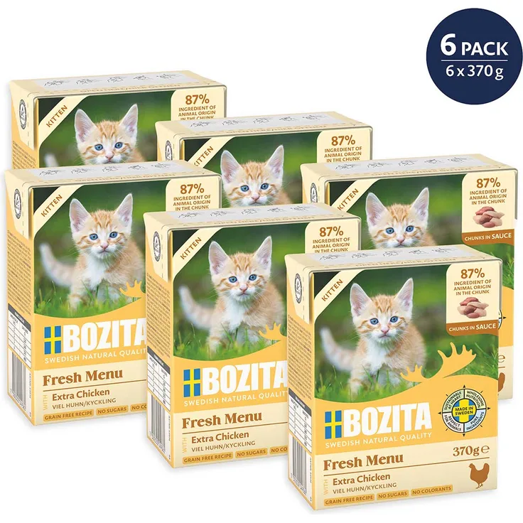 Bozita Tetra Häppchen in Sauce Kitten mit Hühnchen, getreidefreies Katzen-Nassfutter, 6x370 g