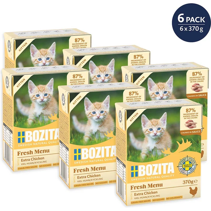 Bozita Tetra Häppchen in Sauce Kitten mit Hühnchen, getreidefreies Katzen-Nassfutter, 6x370 g