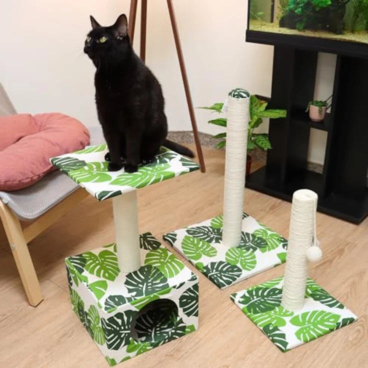 CROCI Optical Basic, Kratzbaum für große und kleine Katzen, 30x30x42 cm, zeitloses Schwarz und Weiß, mit Spielball – Bild 6