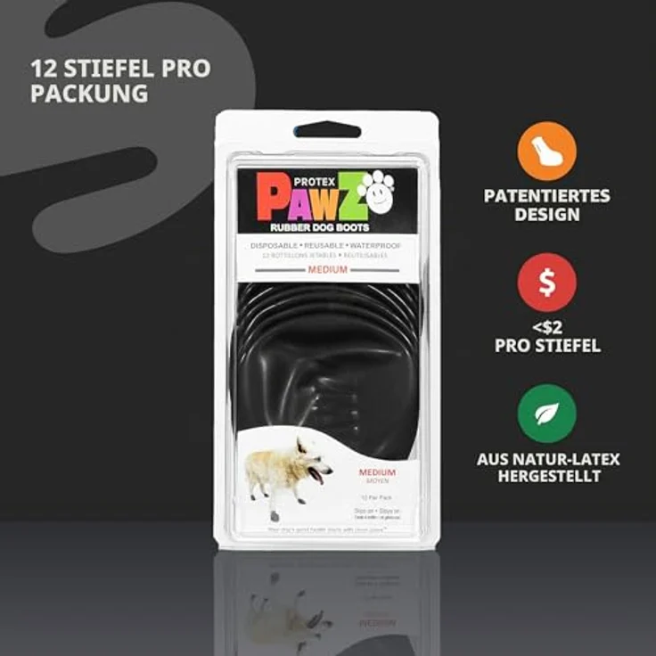 Pawz Hundeschuhe M, 7.6 cm, schwarz, 12 Stück, 100% Naturkautschuk, wasserdicht, wiederverwendbar – Bild 2