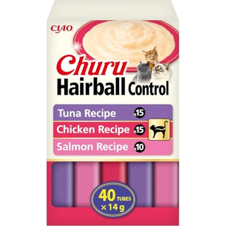 INABA Churu Hairball Control Katzenleckerlis, Cremige Katzen Schleckies mit Thunfisch, Huhn & Lachs, Reich an Omega 3 & 6, Ohne Getreide & Zucker, 40 x 14 g – Bild 1