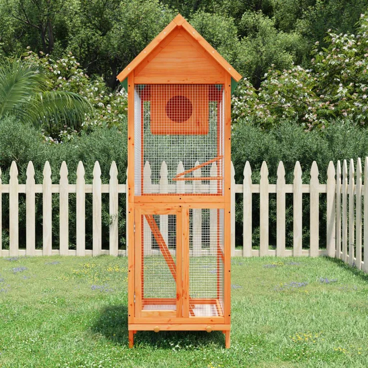vidaXL Karon, Vogelkäfig + Voliere aus massivem Kiefernholz, braun, mit Wasserfestem Dach und Nistkasten, 60 x 58,5 x 160 cm