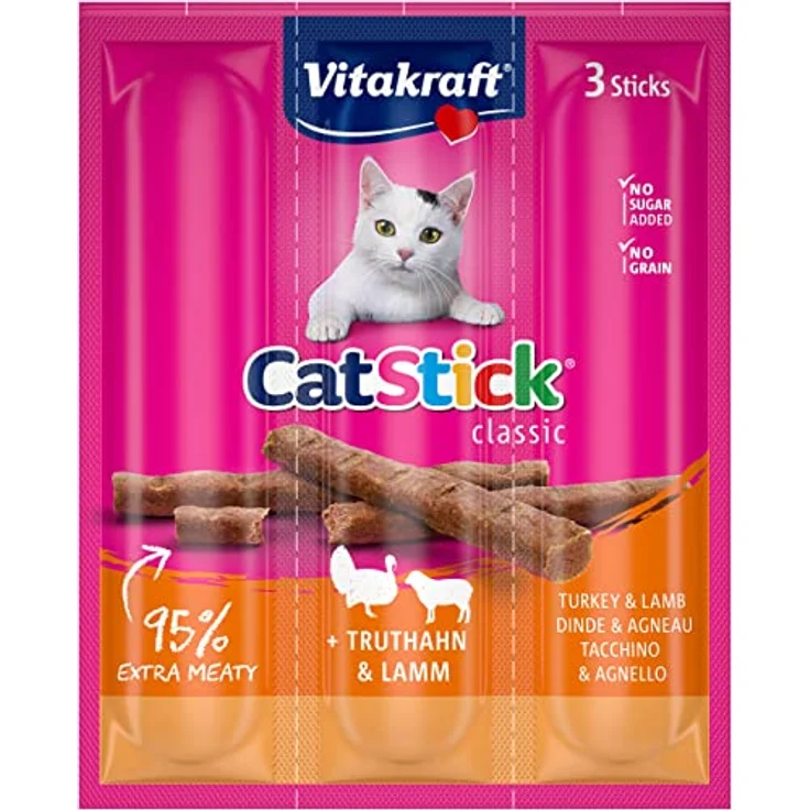 Vitakraft Cat Stick Classic, Katzensnack mit Truthahn und Lamm, 95% Fleisch, ohne Zucker und Getreide, Vorratsgröße (20x 3 Stück) – Bild 3