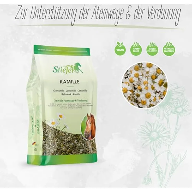 Stiefel Kamille für Pferde, 100% naturbelassene Kamille zur Unterstützung der Atemwege und für gesunde Haut, 500g – Bild 2
