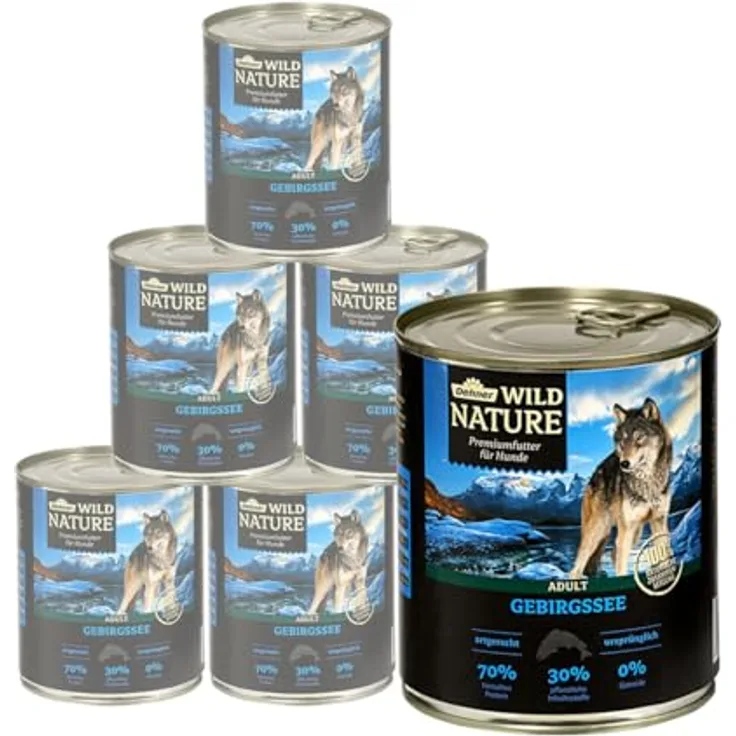 Dehner Wild Nature Hundefutter Gebirgssee, Nassfutter getreidefrei/ zuckerfrei, für ausgewachsene Hunde, Lachs/Huhn, 6 x 800 g Dose (4.8 kg)