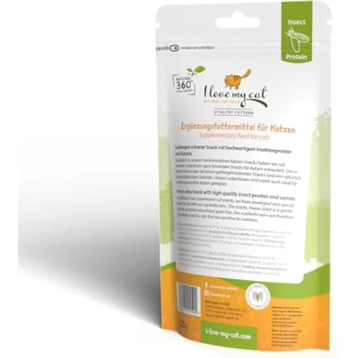 I love my cat Freeze-Snack für Katzen mit Insekten und Karotte, getreidefreies gefriergetrocknetes Leckerli, 25 g, leicht verdaulich und proteinreich – Bild 3