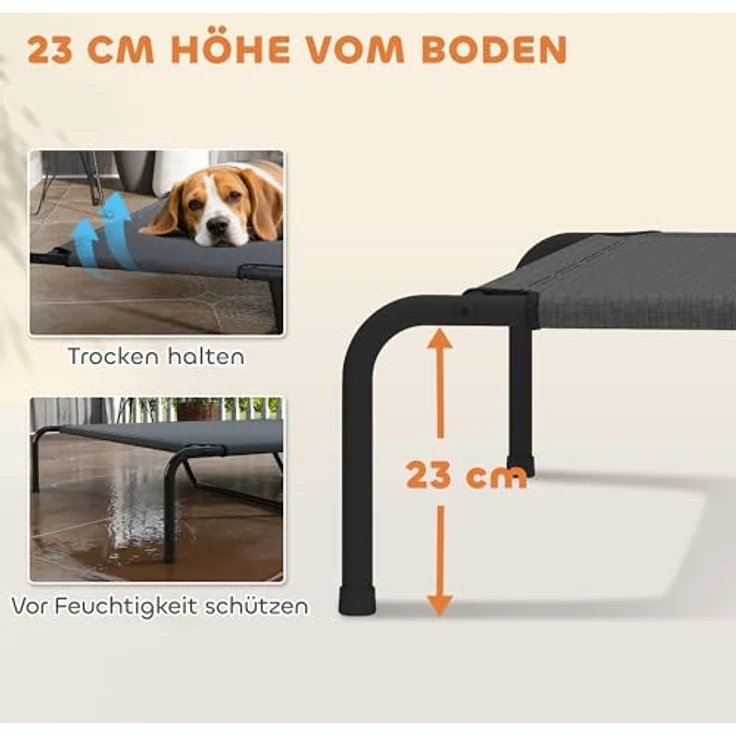 PawHut Erhöhtes Hundebett für große Hunde, Outdoor Hundeliege mit Stahlrahmen, atmungsaktivem Netzgewebe, tragbar, grau, 152x94x23 cm – Bild 3