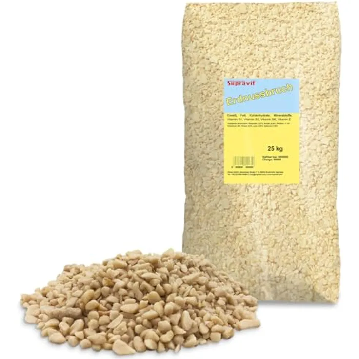 Supravit gehackte Erdnüsse Vogelfutter, 25kg fettreiche Erdnusskerne, ungesalzen und schalenfrei für Wildvögel