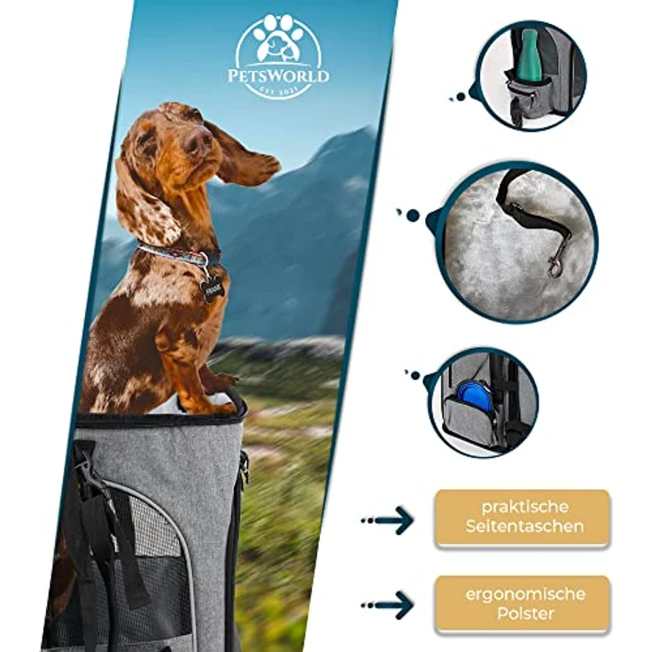 PETSWORLD EST 2021 Faltbarer Hunde-Transportbox Hunderucksack bis 8,5 kg, atmungsaktiv mit Mesh, ergonomisch gepolstert, mit Seitentaschen & Zubehör – Bild 4