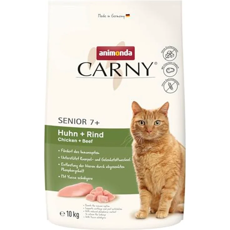animonda Carny Katzen Trockenfutter Huhn + Rind, 10kg für Senior Katzen, ohne Zucker und Getreide, mit viel frischem Fleisch – Bild 1