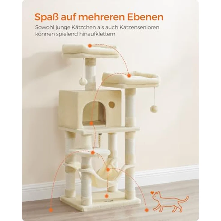 Feandrea Kratzbaum PCT215M01, 111 cm hoch, mit 7 Kratzsäulen, 2 Plattformen, 1 Höhle, 1 Hängematte, beige, Kurzflor-Plüsch, mehrstöckiges Design – Bild 3