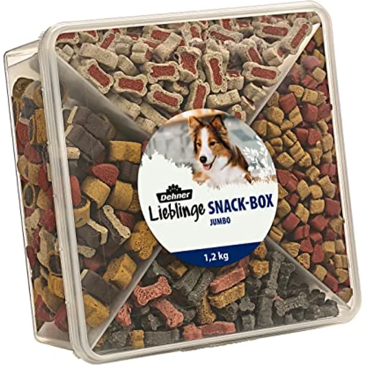 Dehner Lieblinge Hundesnack, Zuckerfreie Snackbox Jumbo mit 4 Sorten, 1.2 kg für ausgewachsene Hunde