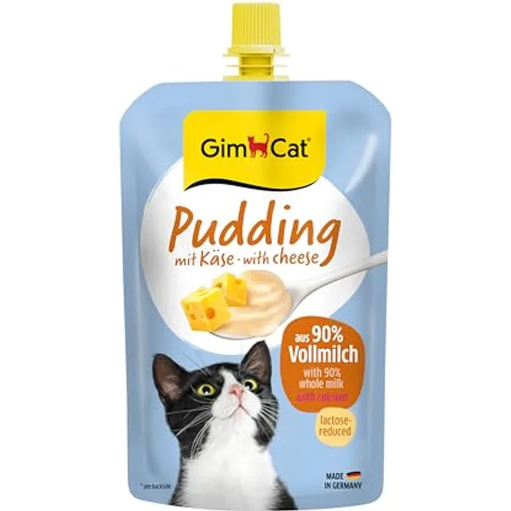 GimCat Pudding mit Käse, cremiger Katzensnack mit Kalzium, laktosereduziert, Made in Germany, 100 g Quetschbeutel