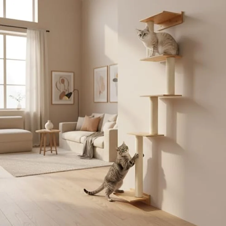 eyepower Kratzbaum zur Wandmontage Milo, 179 cm Katzenkratzbaum mit 5 Bambus Plateau, Sisalstamm, platzsparende Kletterwand für Katzen – Bild 9