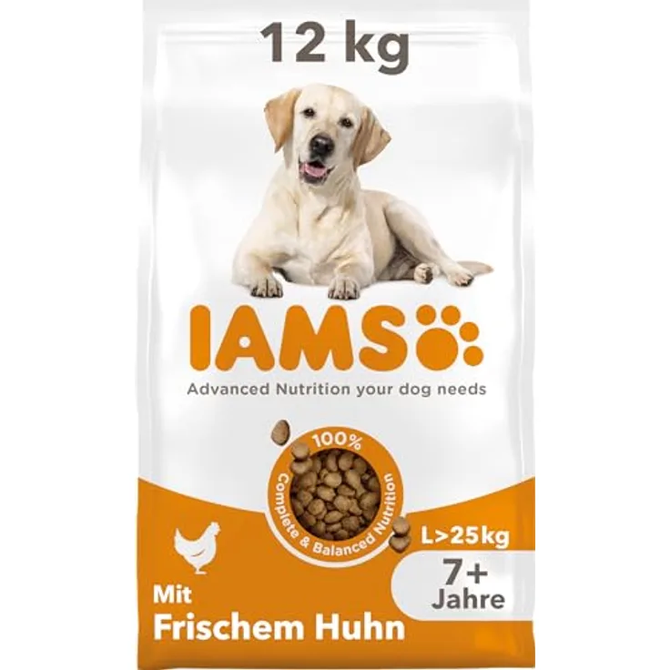 IAMS Senior Hundefutter, Trockenfutter für große Hunde mit Huhn, 12 kg, für Hunde ab 7 Jahren, weizenfrei, mit Omega 3 & 6, gesunde Gelenke und Verdauung